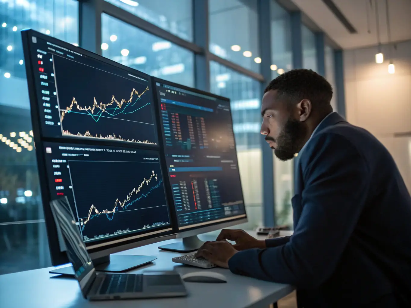 An image of a financial analyst working with multiple screens displaying stock charts and market data.