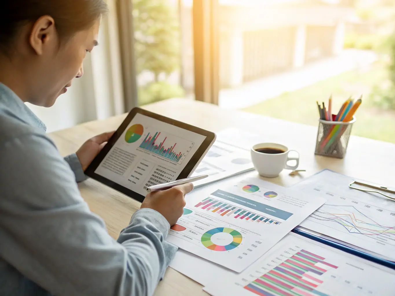 An image of a person reading a financial guide on a tablet, with charts and graphs in the background, symbolizing education and clarity.